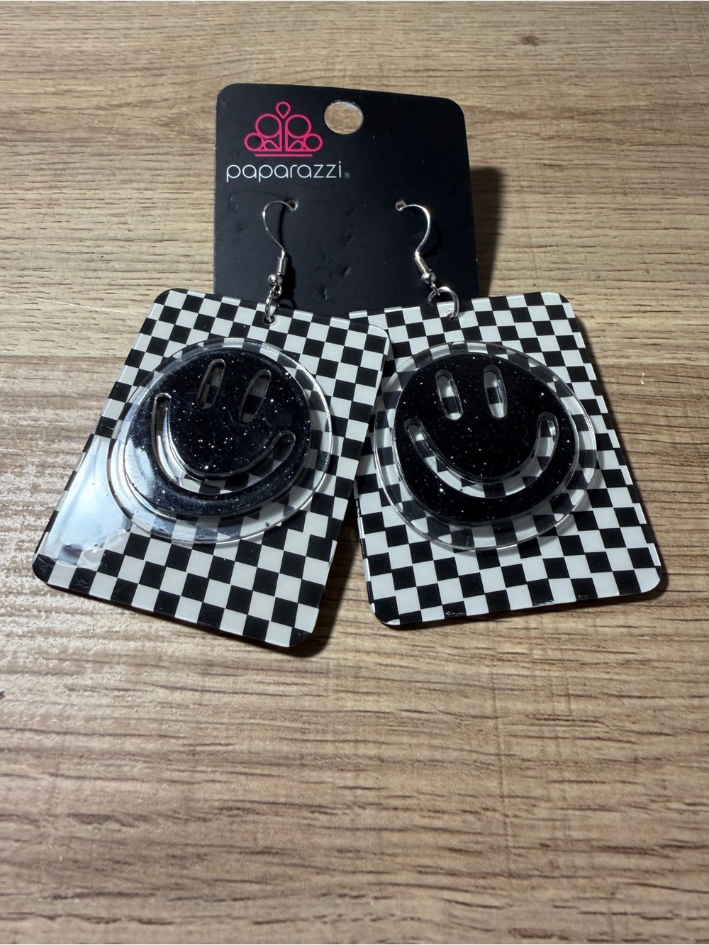 Paparazzi Black and White Checkerboard Smiley Dangle Earrings